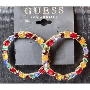 Guess Los Angeles Multicolor Rhinestone Hoop Earrings Gold Tone A11016M-21 NEW